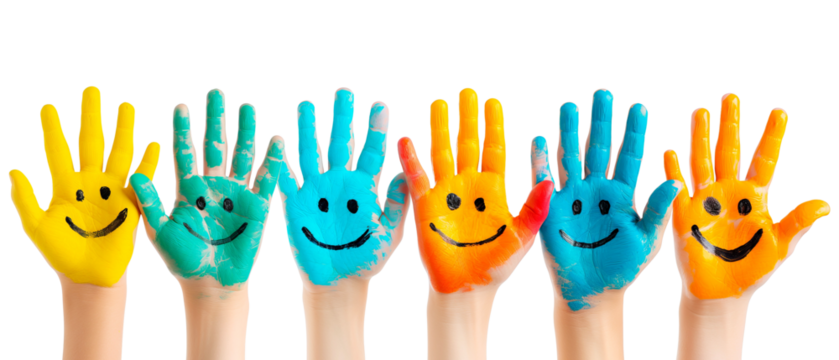 Colorful painted hands with smiley faces, arranged upright on a clean white background, emphasizing creativity, happiness, and artistic fun. Ai generative. - Powered by Adobe