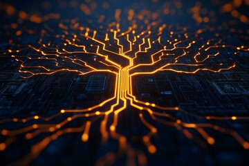 A conceptual visualization of growth through digital transformation and technology, an abstract scene with a glowing digital tree.