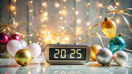 Modern Digital Alarm Clock Countdown to 2025 Surrounded by Festive Party Decorations for New Year Celebration