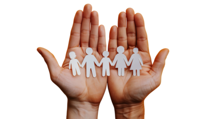 Open hands holding a paper cutout family figure, isolated on a white background, symbolizing care, unity, and family protection concept. Ai generative.