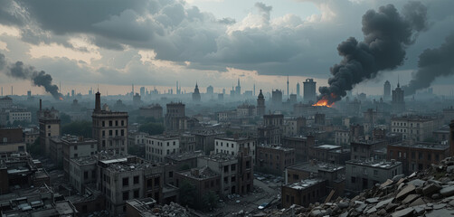 Obraz premium Dark clouds loom over a devastated cityscape, with smoke rising from burning structures. The atmosphere reflects despair as remnants of buildings stand amidst the chaos