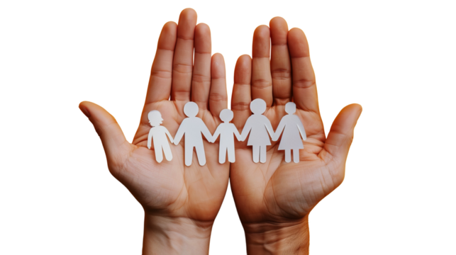 Open hands holding a paper cutout family figure, isolated on a white background, symbolizing care, unity, and family protection concept. Ai generative. - Powered by Adobe