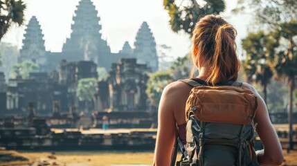 Traveler Exploring Cultural Heritage Site with Backpack in Historic Landscape