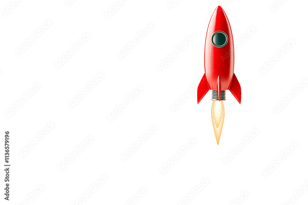 Poster a vibrant red rocket launching with a glowing flame isolated on a white background, closeup concept 