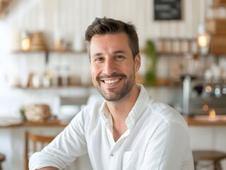 Obraz premium Smiling Man in Casual White Shirt Sitting in a Bright and Warm Modern Cafe with Wooden Decor and a Cozy Ambiance
