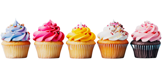 Assorted cupcakes with vibrant frosting and decorations, isolated on a white background. Concept of desserts, bakery, and celebration. Ai generative.