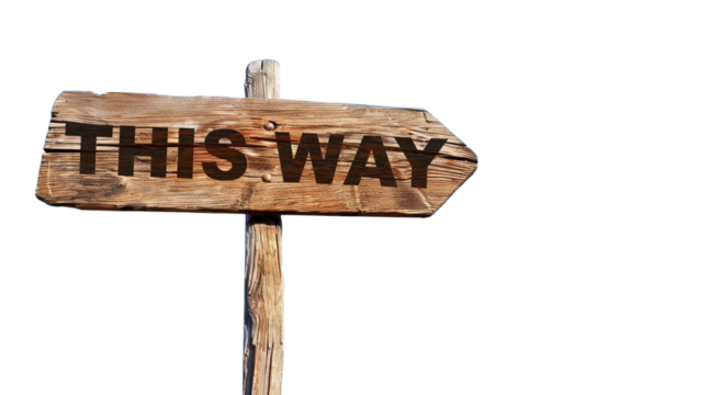 Rustic wooden arrow-shaped sign with This Way text, isolated on a clean white background. Concept for navigation, direction, or guidance. Ai generative.