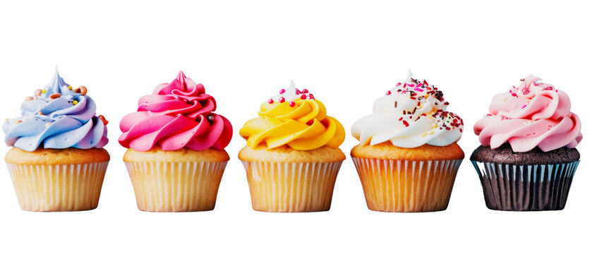Assorted cupcakes with vibrant frosting and decorations, isolated on a white background. Concept of desserts, bakery, and celebration. Ai generative.