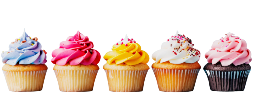 Assorted cupcakes with vibrant frosting and decorations, isolated on a white background. Concept of desserts, bakery, and celebration. Ai generative.