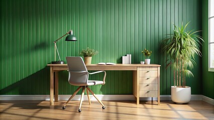 Modern Minimalist Home Office Macro Photography: White Desk, Wooden Chair, Green Wall