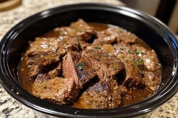 Fototapeta premium Delicious Slow Cooker Beef Steaks in Rich Gravy