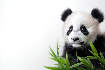 Studio photo of a cute panda bear cub isolated against a white background. Wildlife and conservation concept, space for copy.