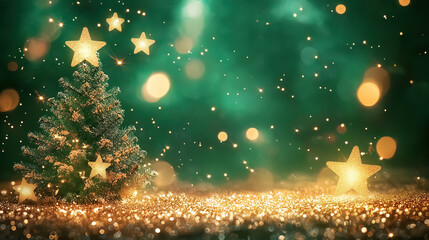 Naklejka premium Blurred green glittery Christmas texture with twinkling stars, glowing festive sparkles, rich and shimmering light effects