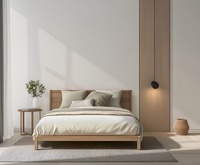 Aesthetic elegant minimalist modern interior design. Clear mock up empty wall for decoration in the apartment. Copy space in the room. Neutral palette of natural colors.