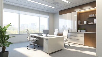 Fototapeta premium modern office workspace with large window and built-in storage