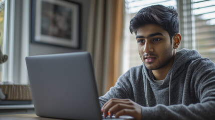 young man focused on his laptop, wearing gray hoodie in cozy indoor setting. natural light enhances atmosphere of concentration and productivity