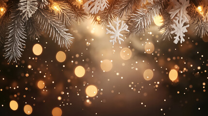 Fototapeta premium Christmas background with glowing lights and delicate snowflakes