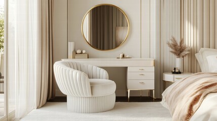elegant bedroom interior design with vanity and plush chair