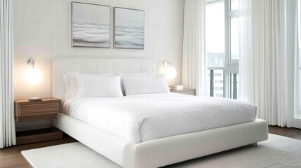 Fototapeta premium luxurious modern bedroom with white bedding and city view