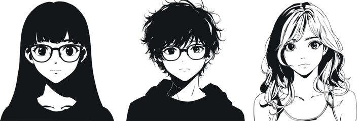 Random People Young Girls and boy wearing glasses silhouette twotone design © Artem