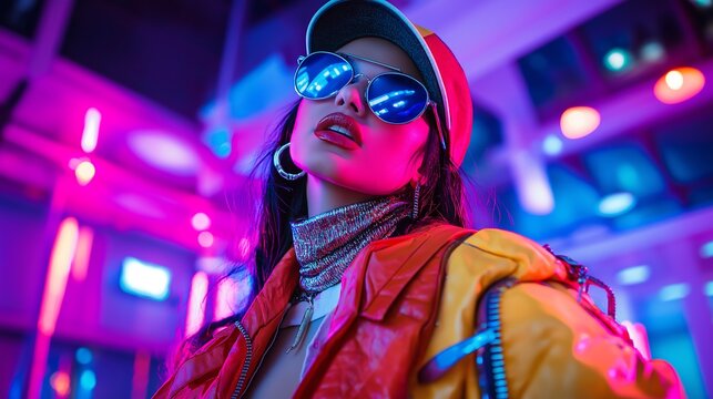Stunning and badass girl wearing a stylish hip-hop outfit, She is bursting with energy, immersed in the music, feeling the beat in the Brazil club