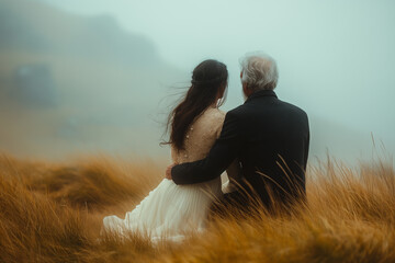 elderly couple hold each other on windy grey day near the water, deep feeling of love and support