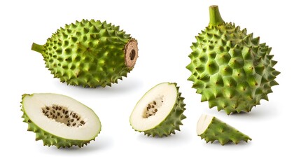 A set of Soursop isolated on a white background. It includes whole,halved and slice, all with full depth of field. --ar 7:4