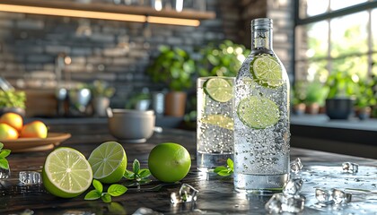  a sleek, modern bottle of sparkling water with a glass filled with bubbly water and a slice of lime.