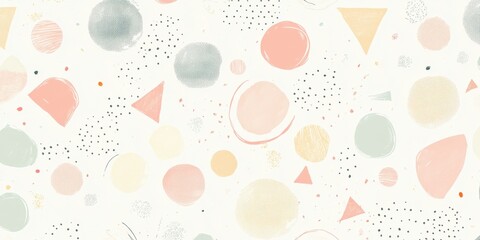 This design features a playful arrangement of circles and triangles in various pastel colors, set against a light, neutral background for a cheerful effect. Generative AI