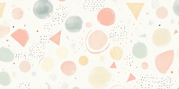 This design features a playful arrangement of circles and triangles in various pastel colors, set against a light, neutral background for a cheerful effect. Generative AI