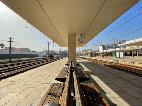 Casablanca, Morocco - 06 12 2024: Wide angle view of bench in Casablanca port train station toward Rabat