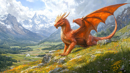 Obraz premium Orange dragon on mountain peak.
