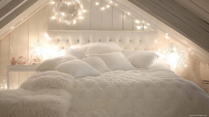 cozy white bedroom with fairy lights