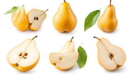 A set of Yellow pear isolated on a white background. It includes whole,halved and slice, all with full depth of field. --ar 7:4