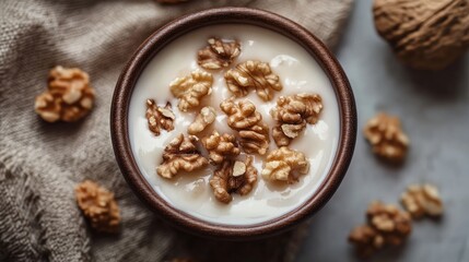 Obraz premium Creamy yogurt topped with crunchy walnuts in a wooden bowl, making a healthy and delicious breakfast or snack