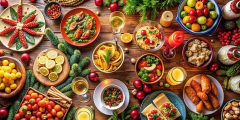 Fototapeta premium New Year's Eve Dinner Party, Festive Food, Holiday Potluck, Delicious Dishes, Rule of Thirds Composition