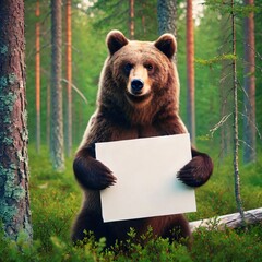 Obraz premium bear standing card holding poster address appeal attention announce message banner forest wildlife ecosystem ecology copy space