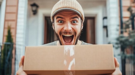 excited man receiving package at home
