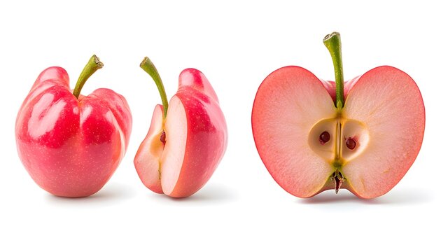 A set of Rose apple isolated on a white background. It includes whole,halved and slice, all with full depth of field. --ar 7:4