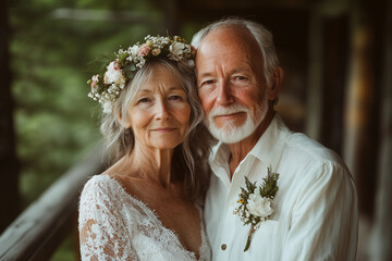 senior couple, mature bride and elderly groom happy together on park, love and support concept for all ages