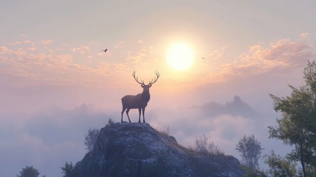 Majestic stag silhouetted against a breathtaking sunrise, standing proudly atop a misty mountain peak. A serene and peaceful scene.