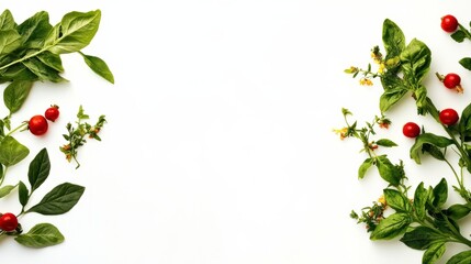 Fototapeta premium Sprigs of cherry tomatoes, basil, and small yellow flowers are arranged on a white background, creating a border with copy space