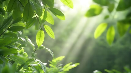 Sunlight filters through a lush forest canopy, with vibrant green leaves and a serene pathway, realistic composition, nature photography.