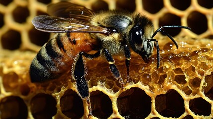 Nectar Collector. Royal honey Bee bread Propolis for skin nature-based serum Open source devops beewise honeygain Uhive Budbee Close-up honeybee collecting on golden honeyc