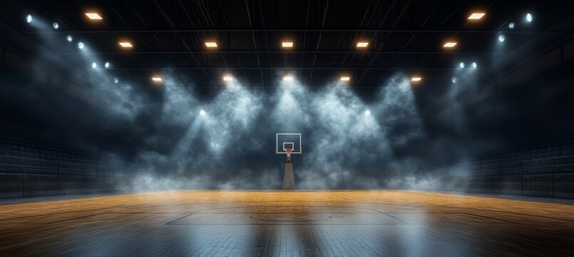 Empty Basketball Court with Dramatic Lighting and Smoke, Professional Sports Venue Background