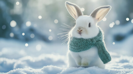 Adorable white bunny wearing a knitted green scarf