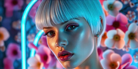 Model showcases vibrant beauty with floral backdrop during colorful artistic photoshoot