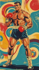 Muscular Boxer in Blue and Red Retro Art Background