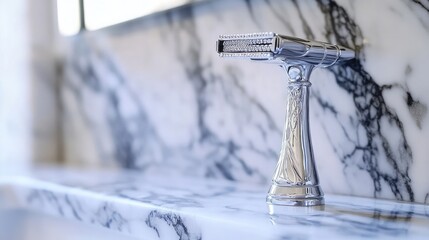 Obraz premium Close-up of an elegant, chrome-finished faucet with intricate detailing, set against a backdrop of luxurious marble. The smooth surface and cool tones create a sophisticated atmosphere.