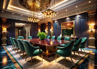 Fototapeta premium Night Photography Elegant Meeting Room Gold Accents Marble Table Velvet Chairs Interior Design